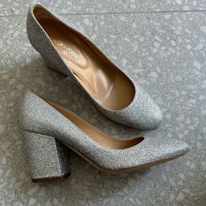 Sergio Rossi Silver Glitter Block Heel Pumps